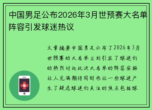 中国男足公布2026年3月世预赛大名单阵容引发球迷热议 中国男足公布2026年3月世预赛大名单阵容引发球迷热议