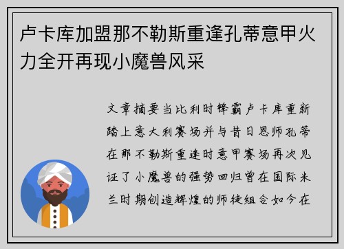 卢卡库加盟那不勒斯重逢孔蒂意甲火力全开再现小魔兽风采 卢卡库加盟那不勒斯重逢孔蒂意甲火力全开再现小魔兽风采